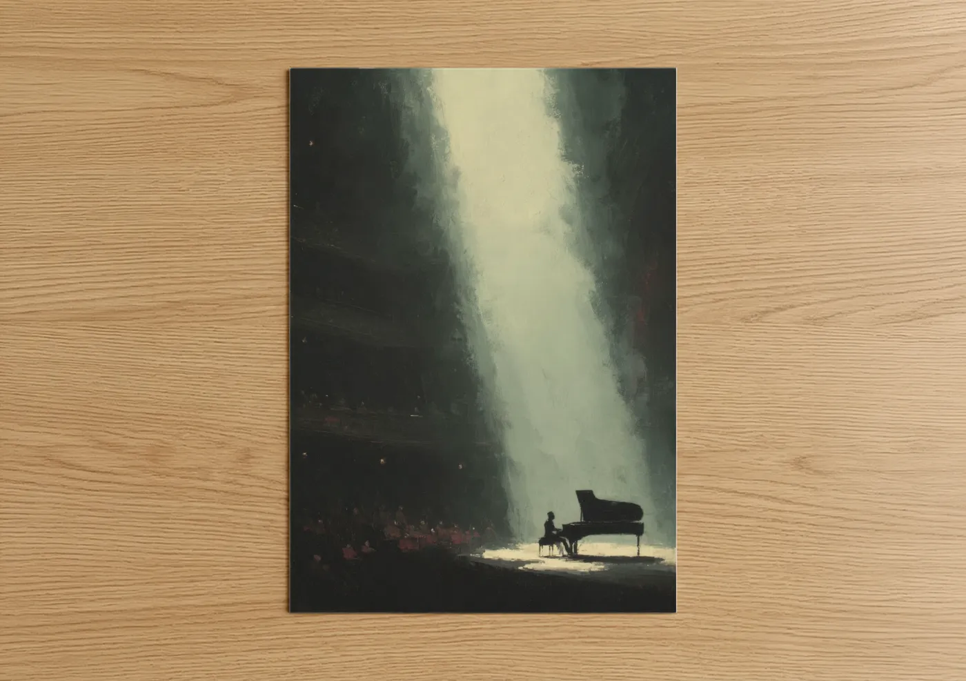 Musician art print on warm oak wood — dove gray and gold palette — Solitary Pianist poster
