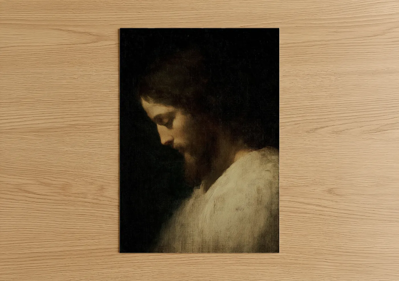 Jesus christ art print on warm oak wood — gold and black palette — Contemplative Christ poster