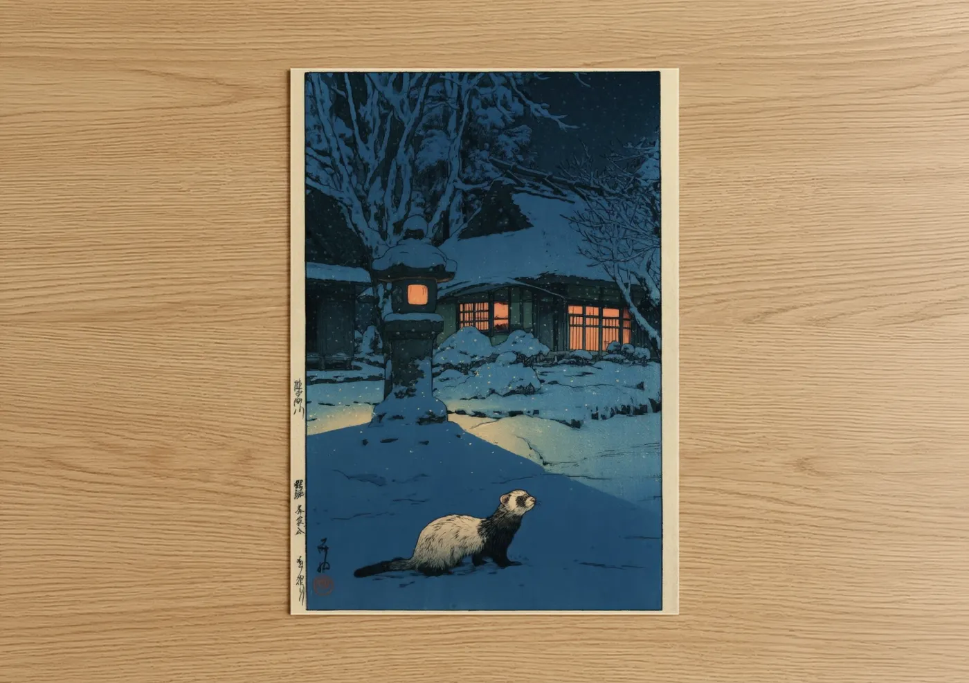 Art print on warm oak wood — dark blue and cream palette — Snowy Ferret Night poster