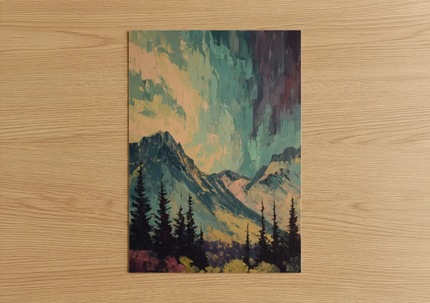 Northern lights art print on warm oak wood — teal and gold palette — Aurora Mountain Vista poster