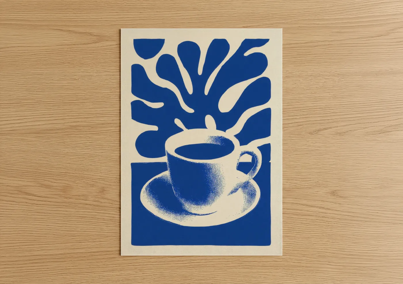 Art print on warm oak wood — blue and cream palette — Abstract Coffee Cup poster