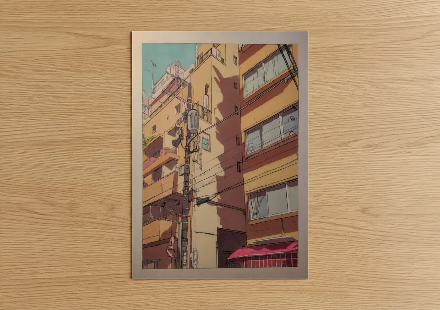 Abstract architecture art print on warm oak wood — mustard and russet palette — Urban Geometry poster