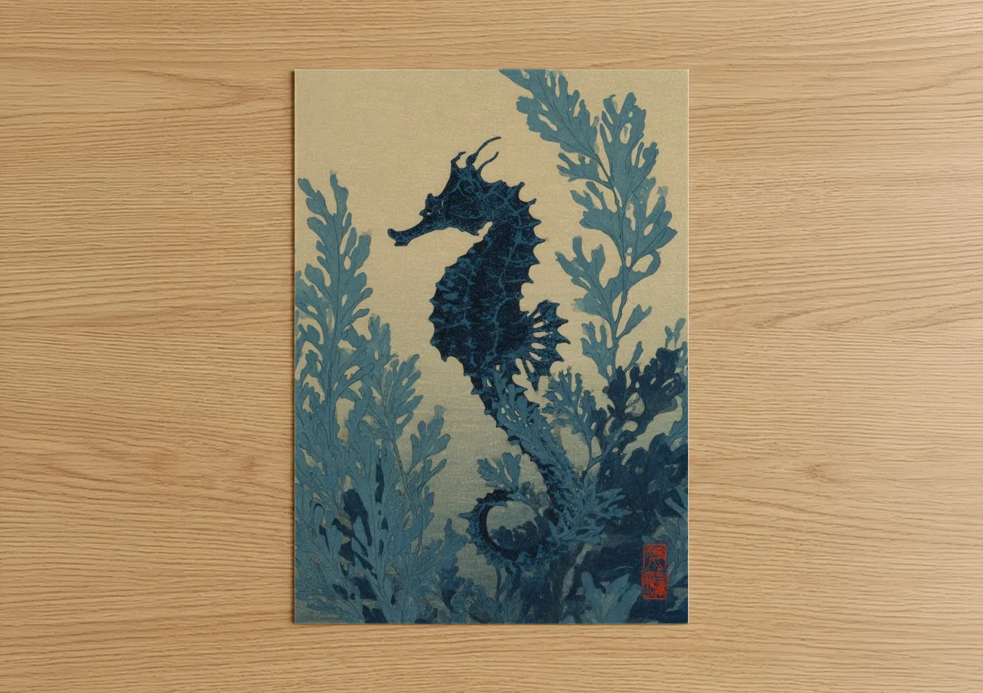 Dark Seahorse Among Seaweed Illustration Wall Art