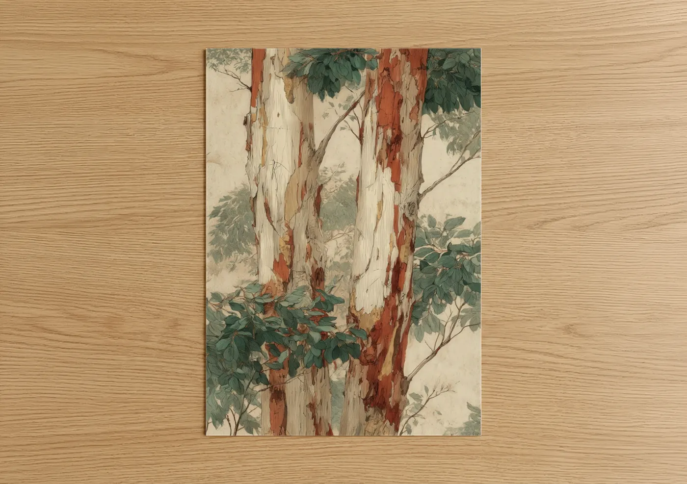 Eucalyptus forest art print on warm oak wood — cream and russet palette — Peeling Eucalyptus poster