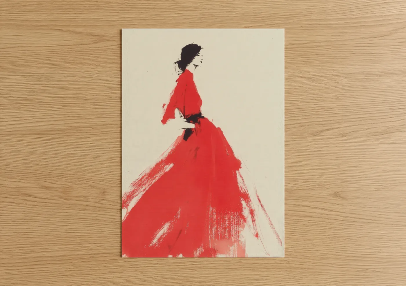 Fashion illustration art print on warm oak wood — red and beige palette — Crimson Elegance poster