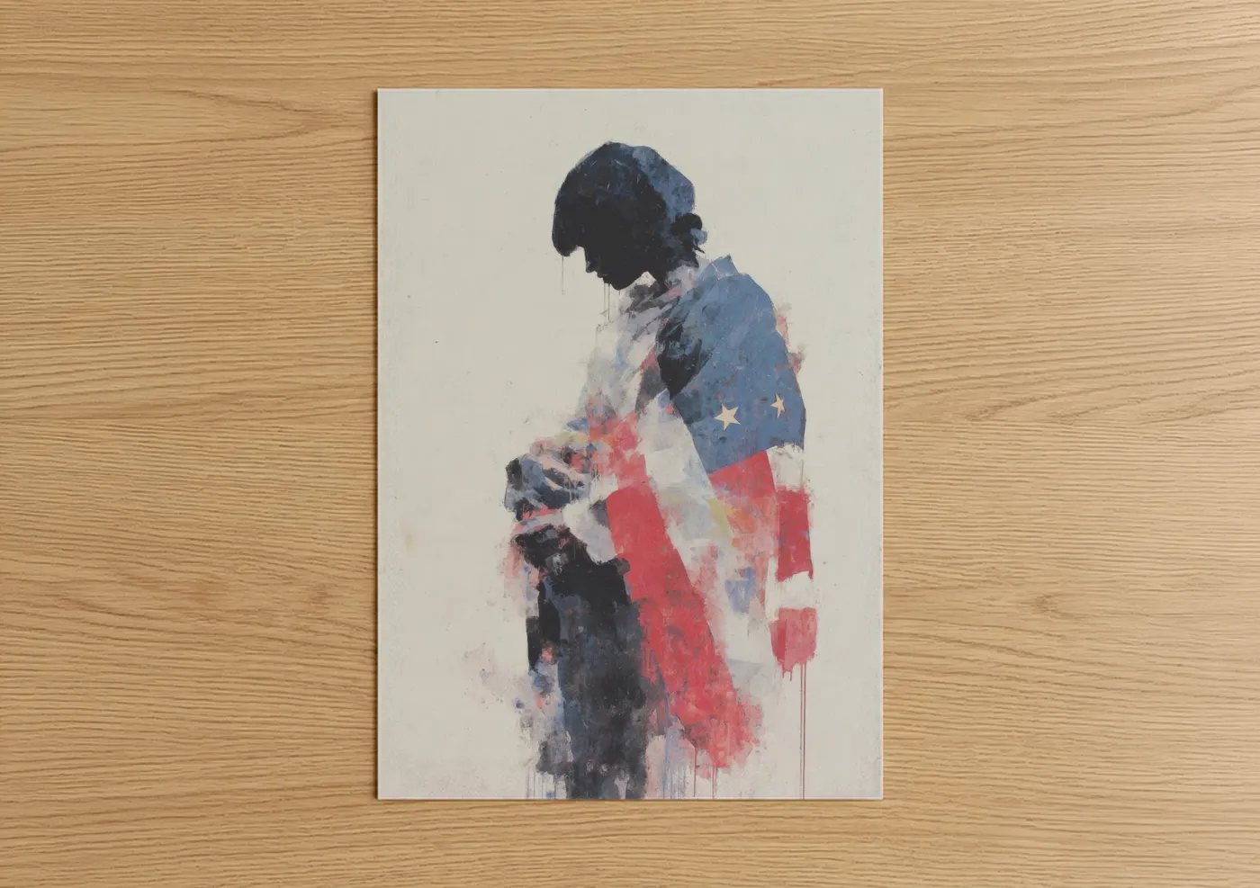 Veterans day art print on warm oak wood — blue and red palette — Patriotic Silhouette poster