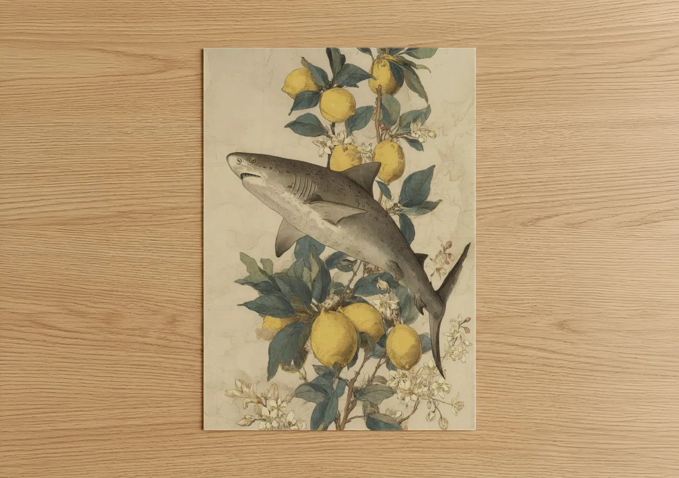 Art print on warm oak wood — gold and olive palette — Citrus Lemon Shark poster
