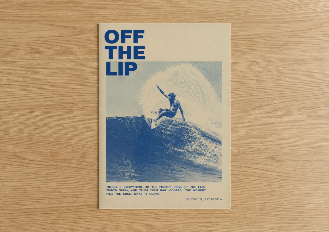 Surfing art print on warm oak wood — blue and cream palette — Retro Surfer Off The Lip Wall Art poster
