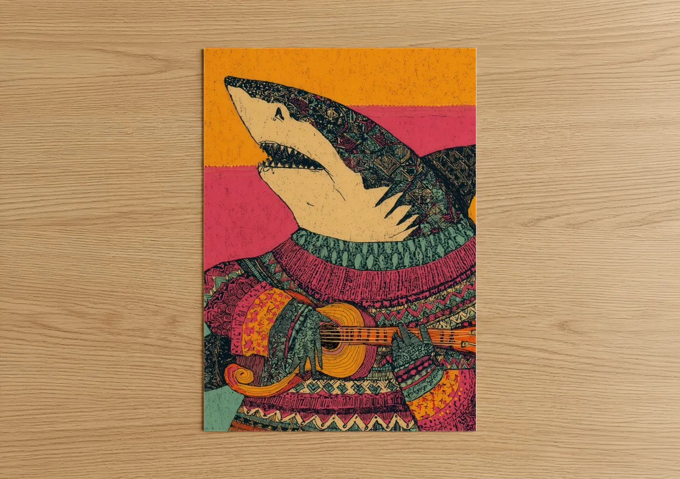 Sand tiger shark art print on warm oak wood — orange and magenta palette — Musical Shark poster