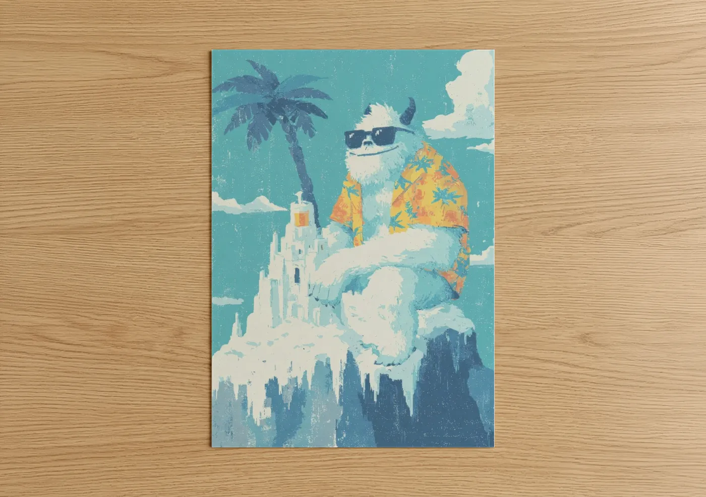 Art print on warm oak wood — turquoise and gold palette — Tropical Yeti poster