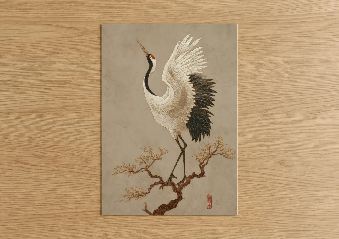 Elegant Crane on Branch Japanese Wall Art