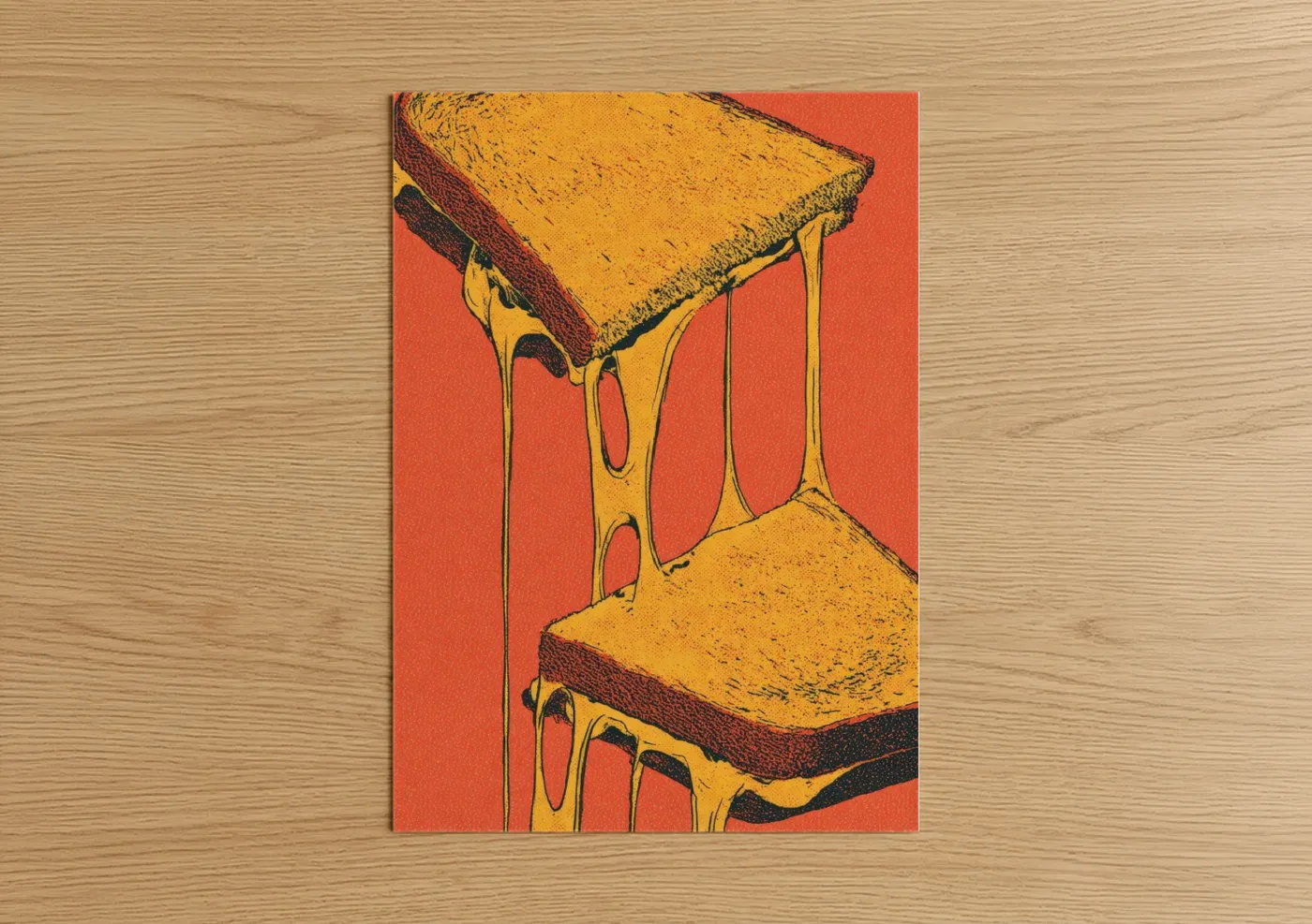 Art print on warm oak wood — yellow gold and orange palette — Melting Cheese poster