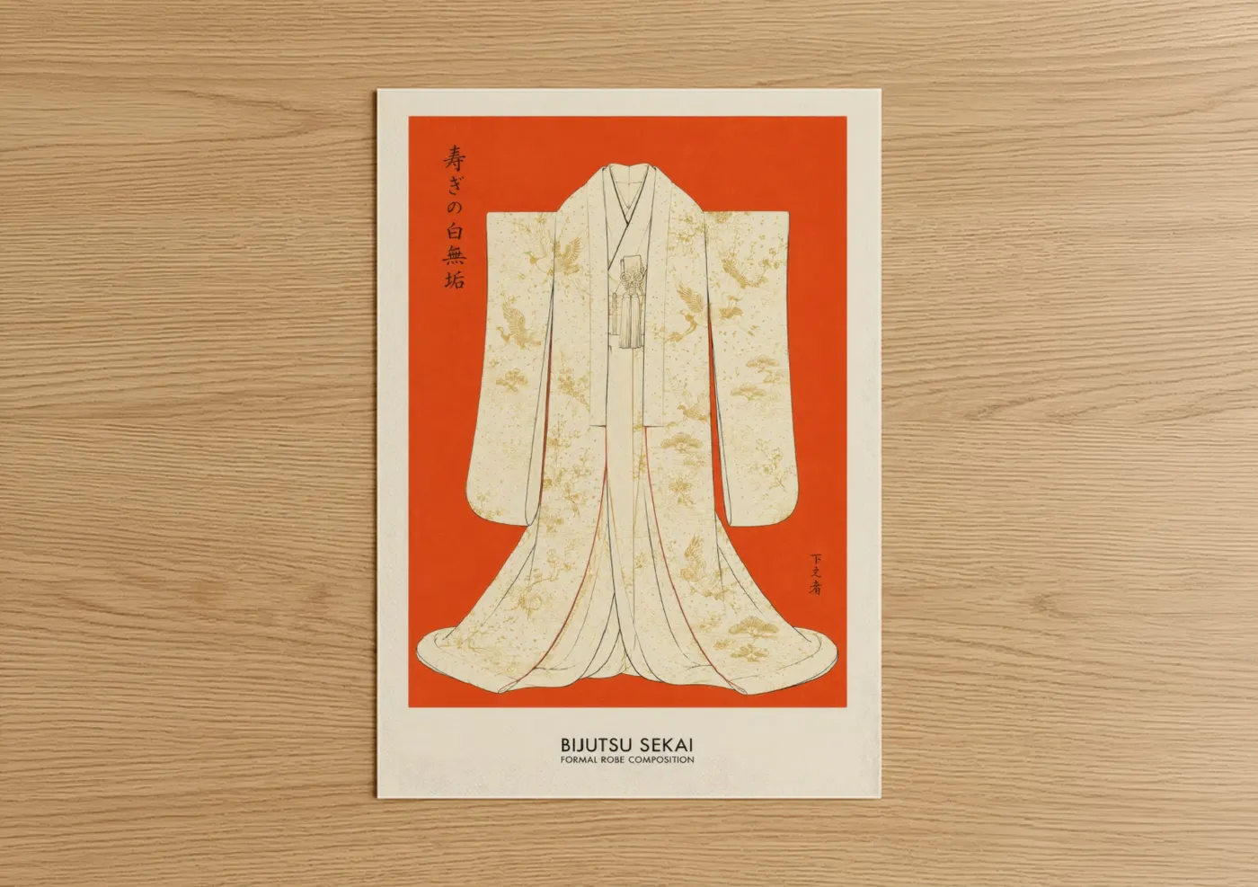 Art print on warm oak wood — orange and cream palette — Japanese Kimono Fashion Illustration Wall Art poster