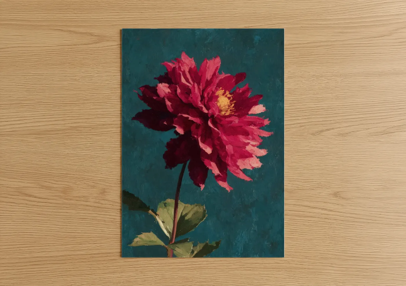 Crimson Dahlia with Teal Background Wall Art