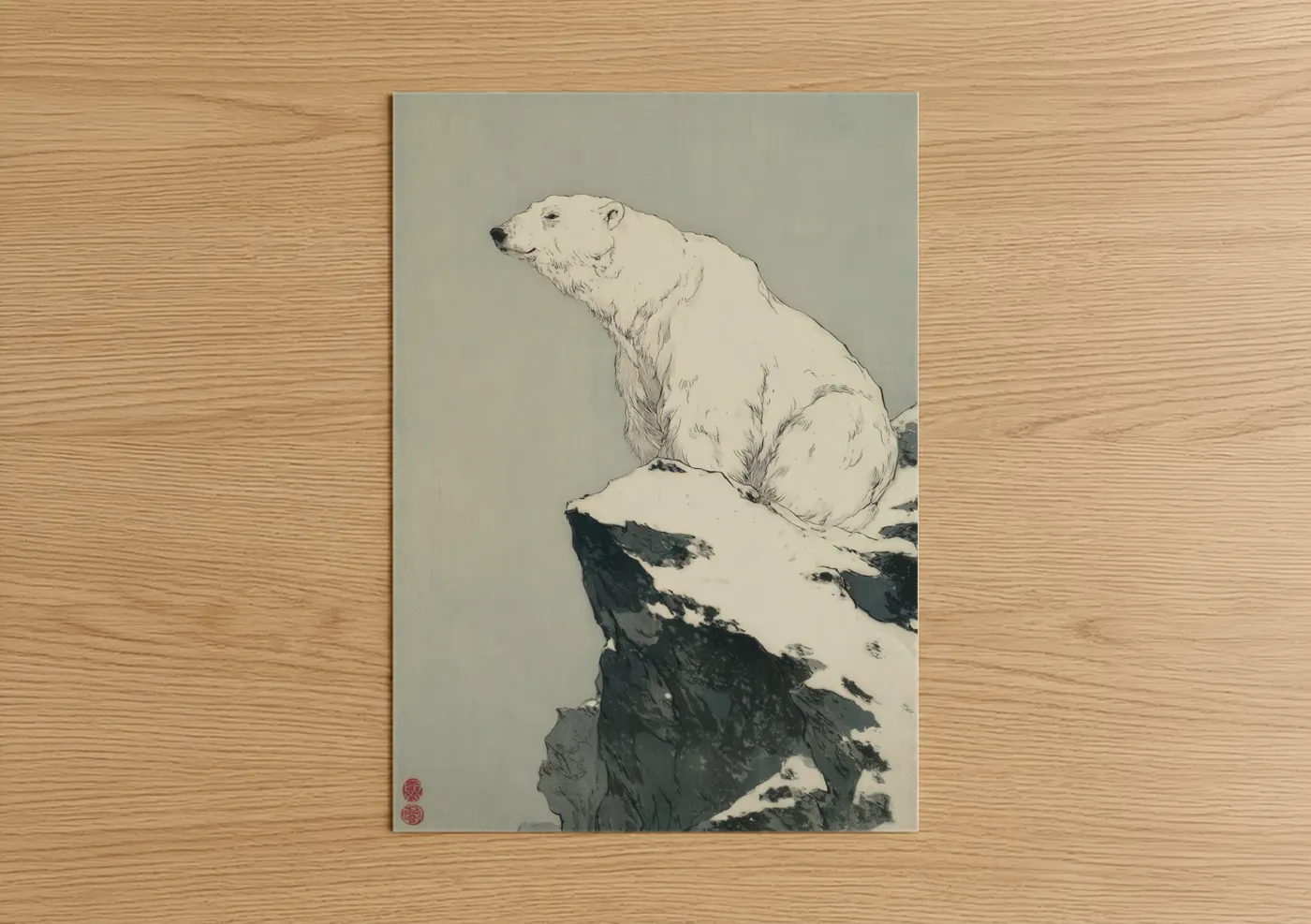 Polar bear art print on warm oak wood — white and dove gray palette — Arctic Sentinel poster