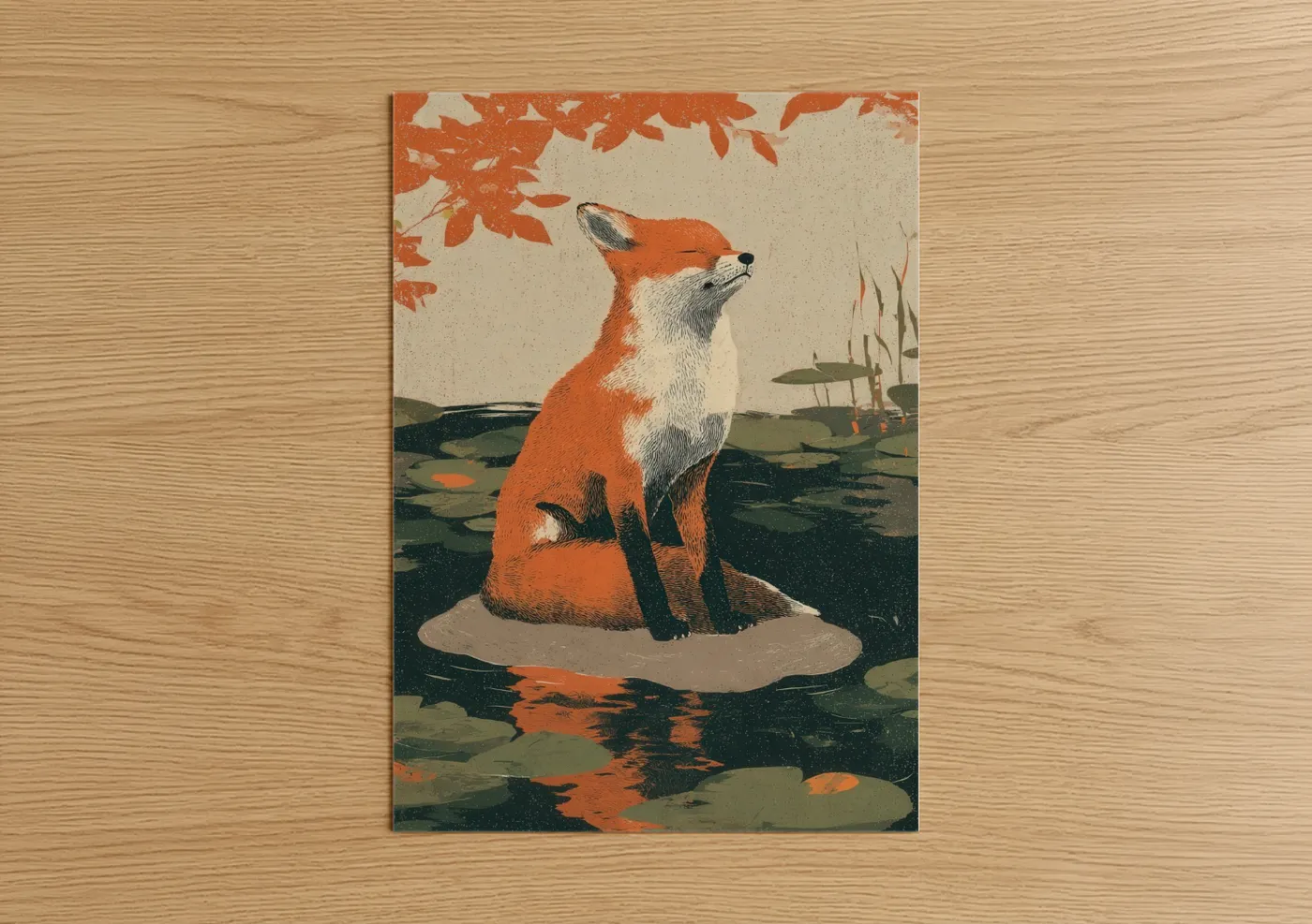 Autumn Fox Japanese Woodblock Wall Art