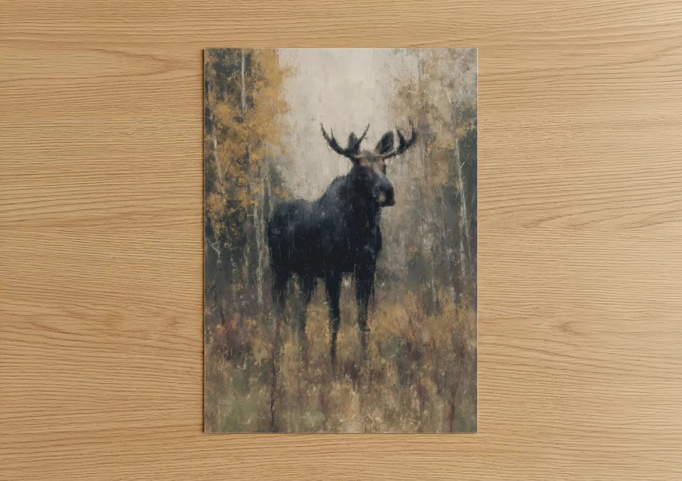 Art print on warm oak wood — gold and gray palette — Misty Moose poster