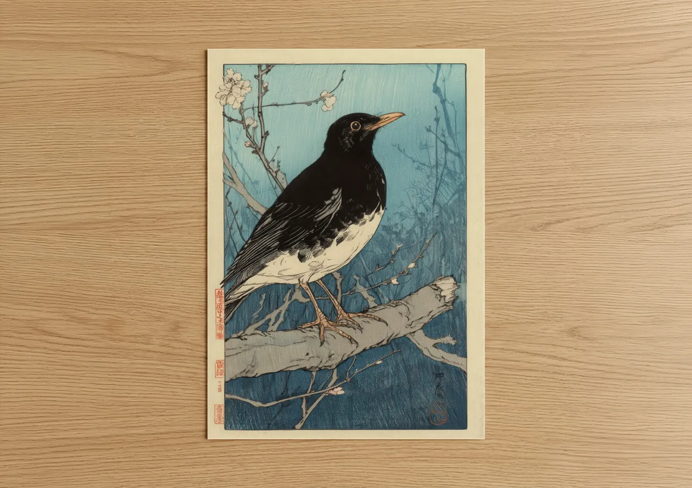 Blackbird Perch Japanese Woodblock Wall Art