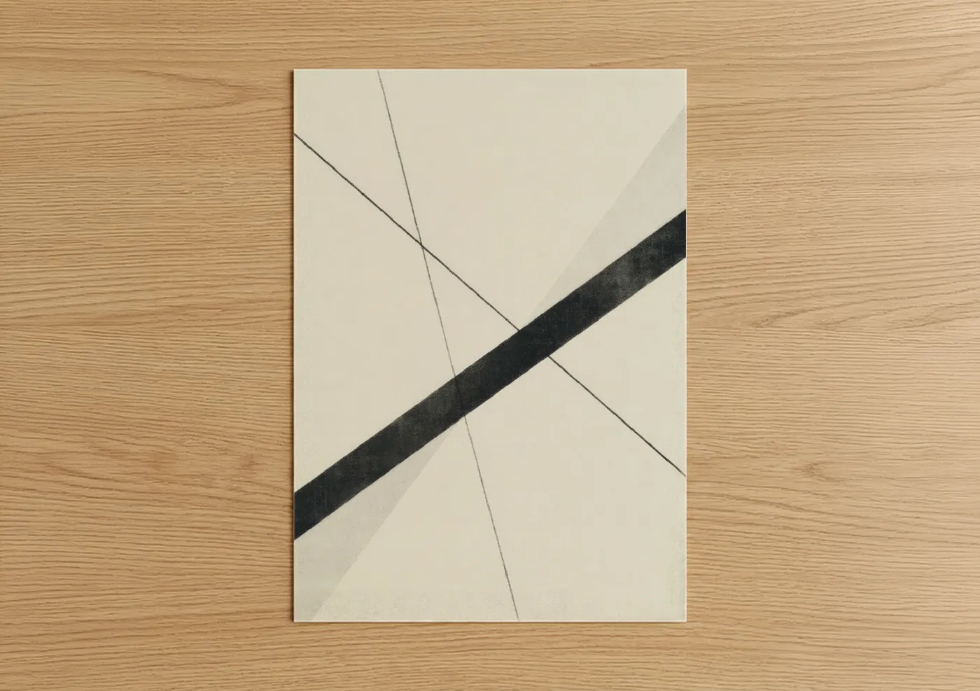 Abstract minimalist art print on warm oak wood — cream and black palette — Intersecting Lines poster