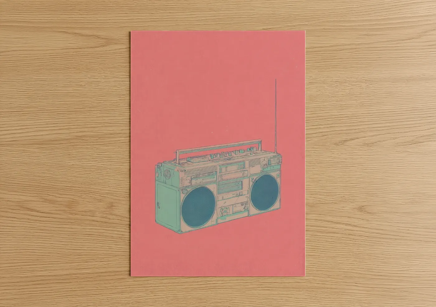 Art print on warm oak wood — light green and salmon pink palette — Mint Boombox poster