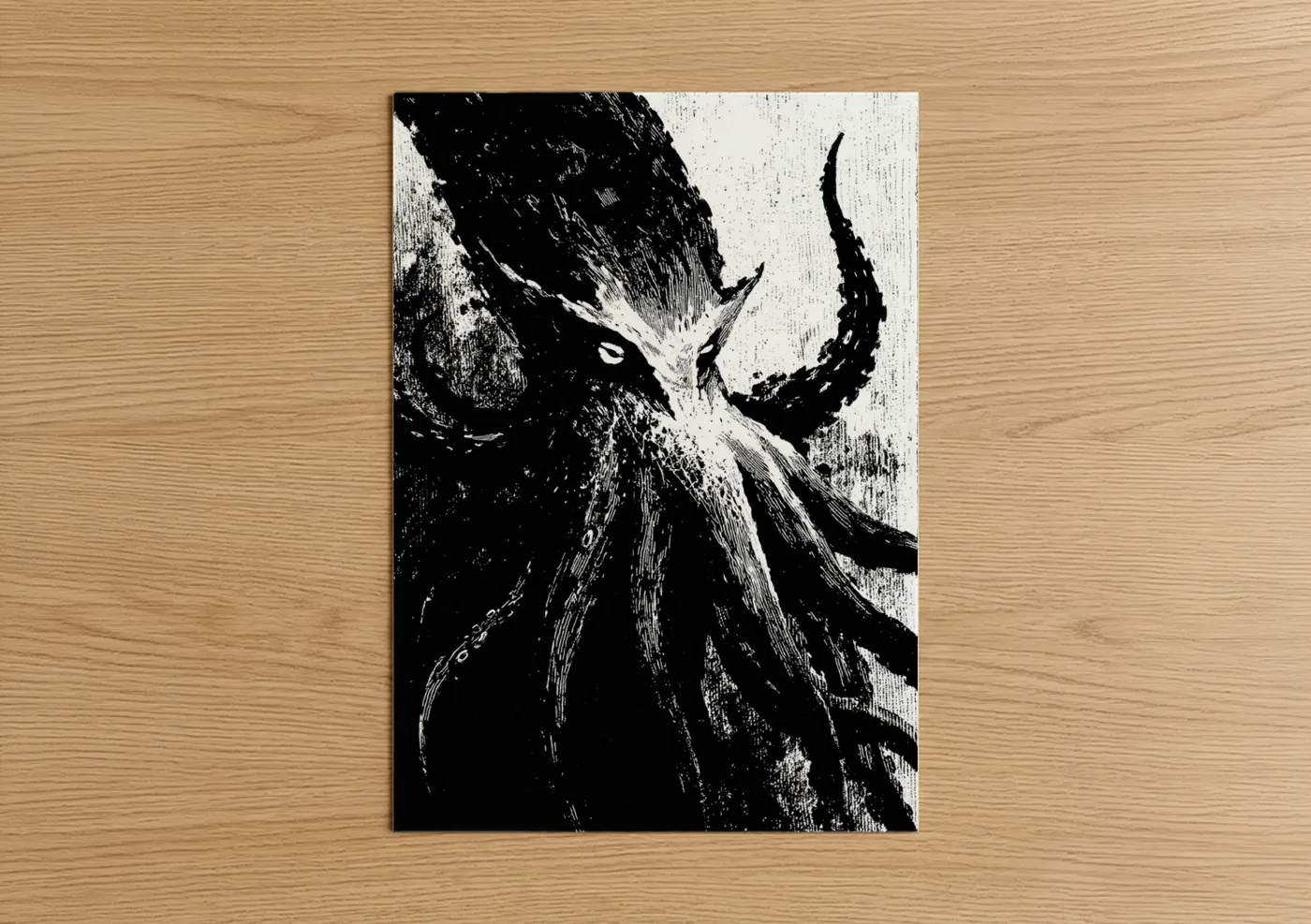 Cthulhu art print on warm oak wood — black and white palette — Eldritch Horror poster