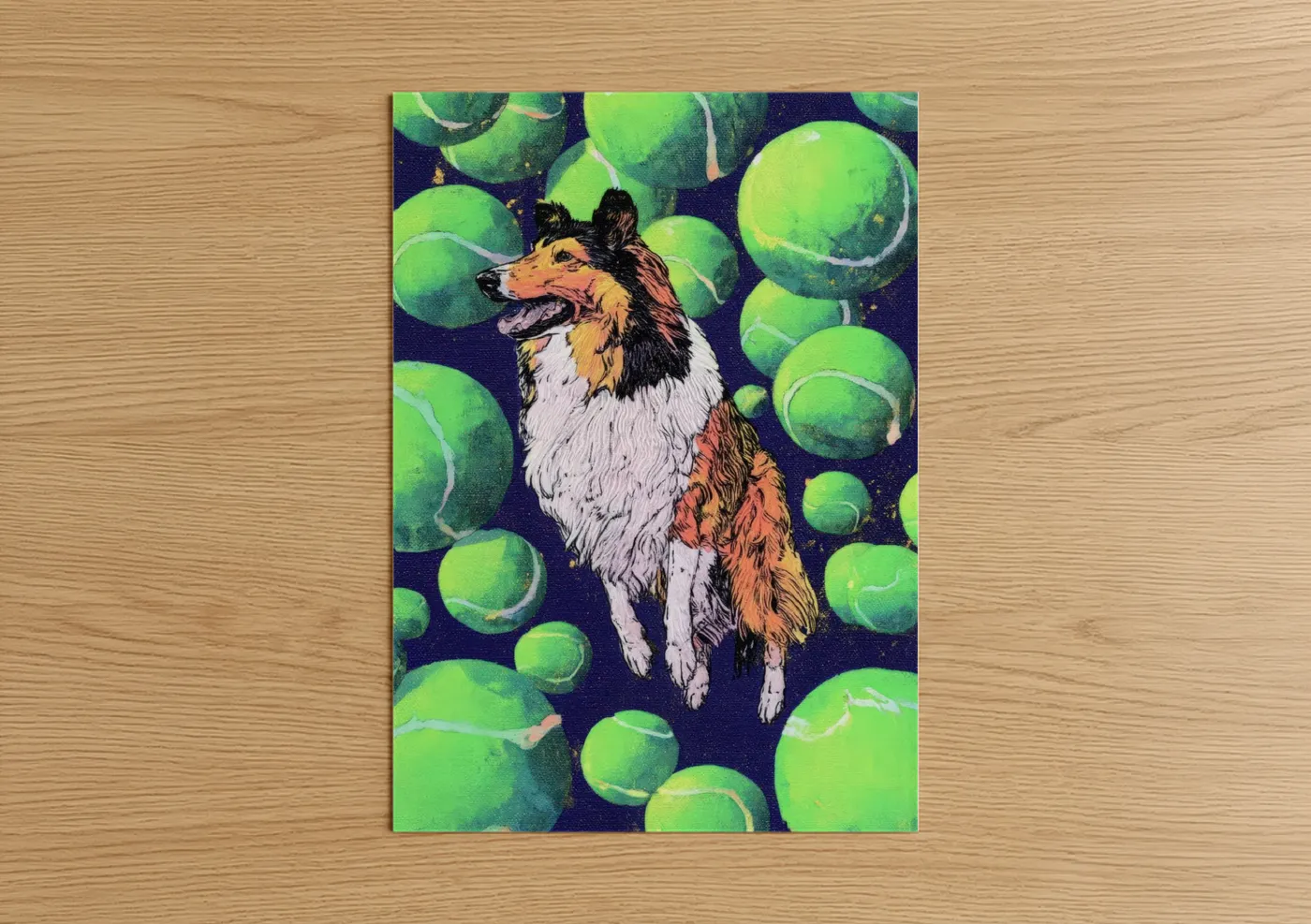 Shepherd dogs and collies art print on warm oak wood — lime green palette — Tennis Ball Collie poster