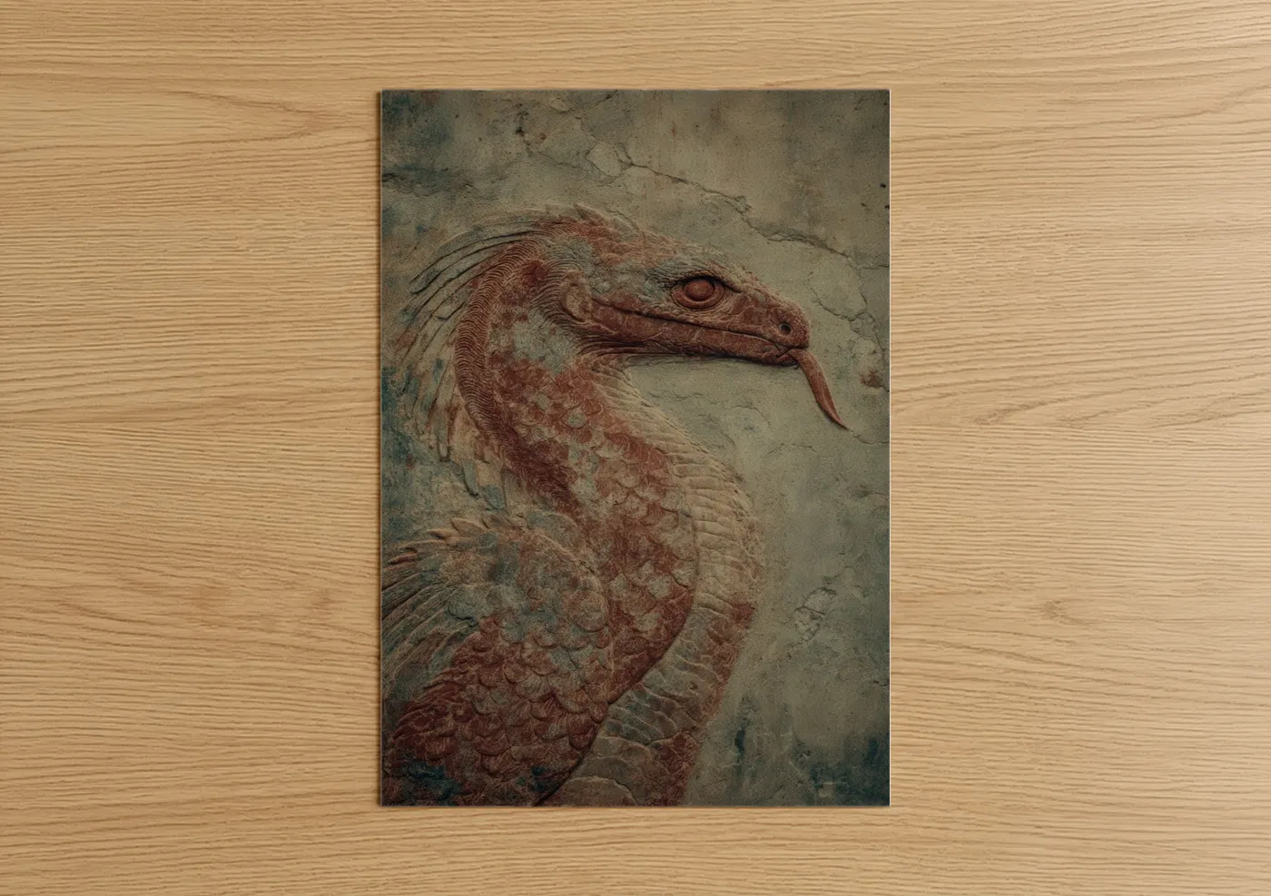 Art print on warm oak wood — russet and beige palette — Ancient Basilisk poster