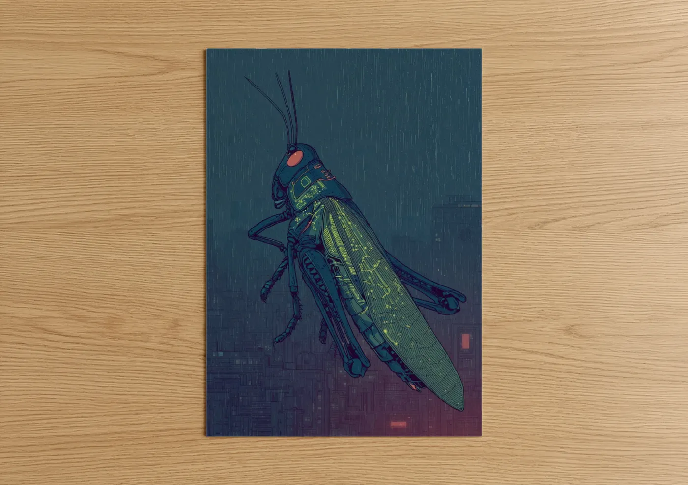 Art print on warm oak wood — dark blue and lime green palette — Neon Grasshopper poster