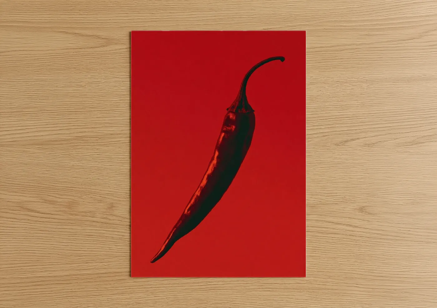 Vegetable art print on warm oak wood — red and black palette — Red Chili Pepper poster