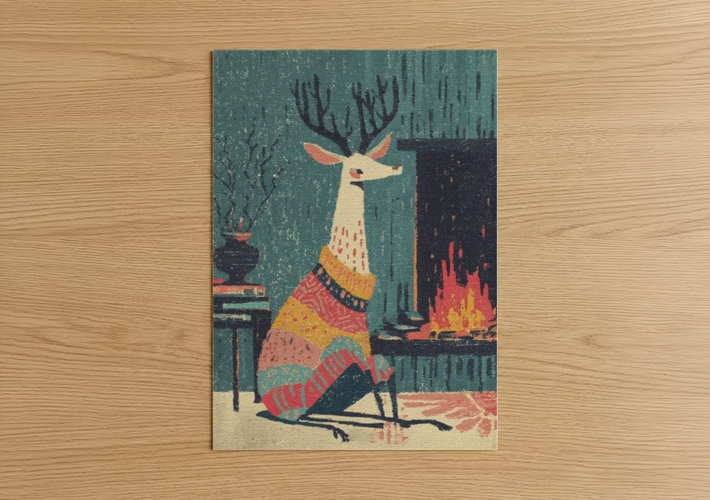 Festive Reindeer Illustration Winter Art Wall Art