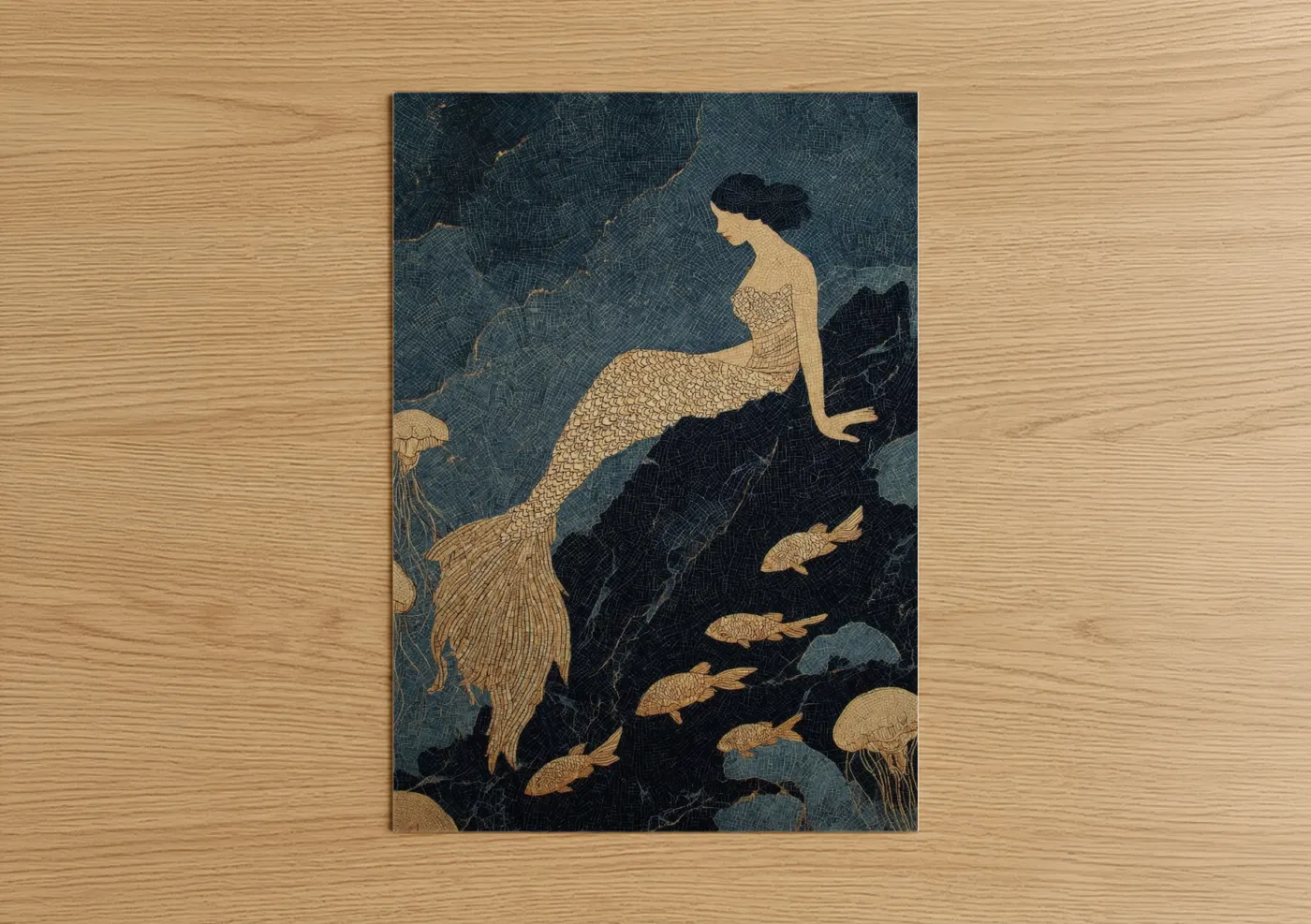 Art print on warm oak wood — dark blue and gold palette — Golden Siren poster