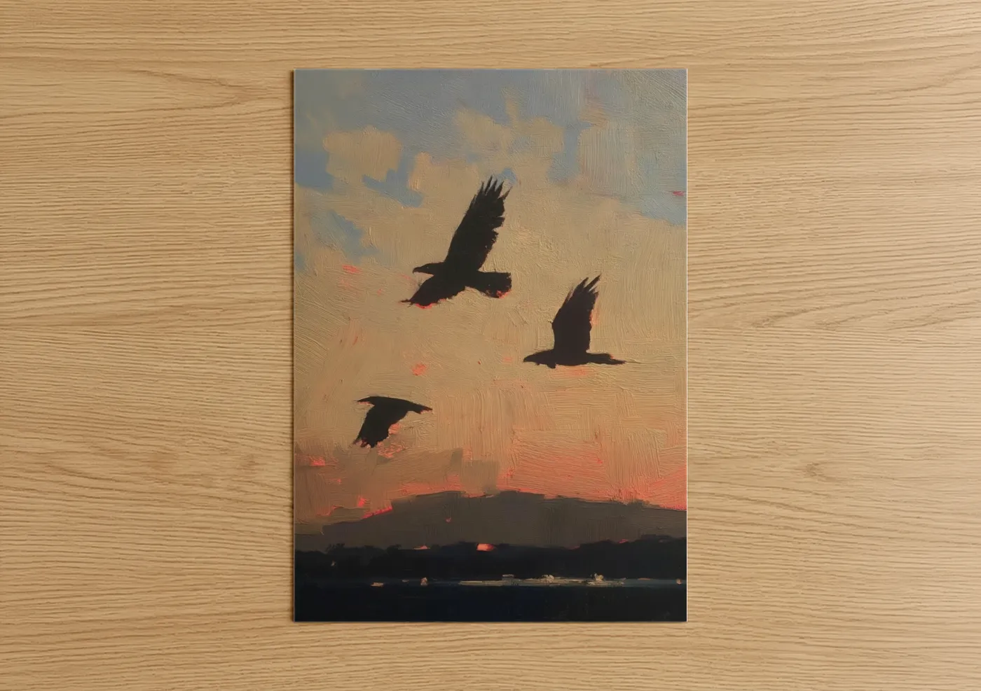 Crows and ravens art print on warm oak wood — gold and peach palette — Sunset Ravens poster