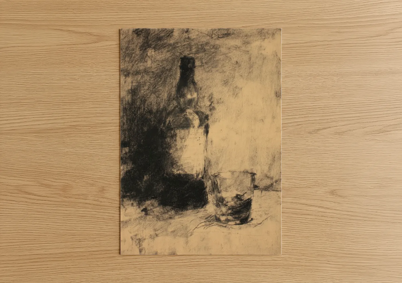Art print on warm oak wood — black and white and cream palette — Whiskey Still Life poster