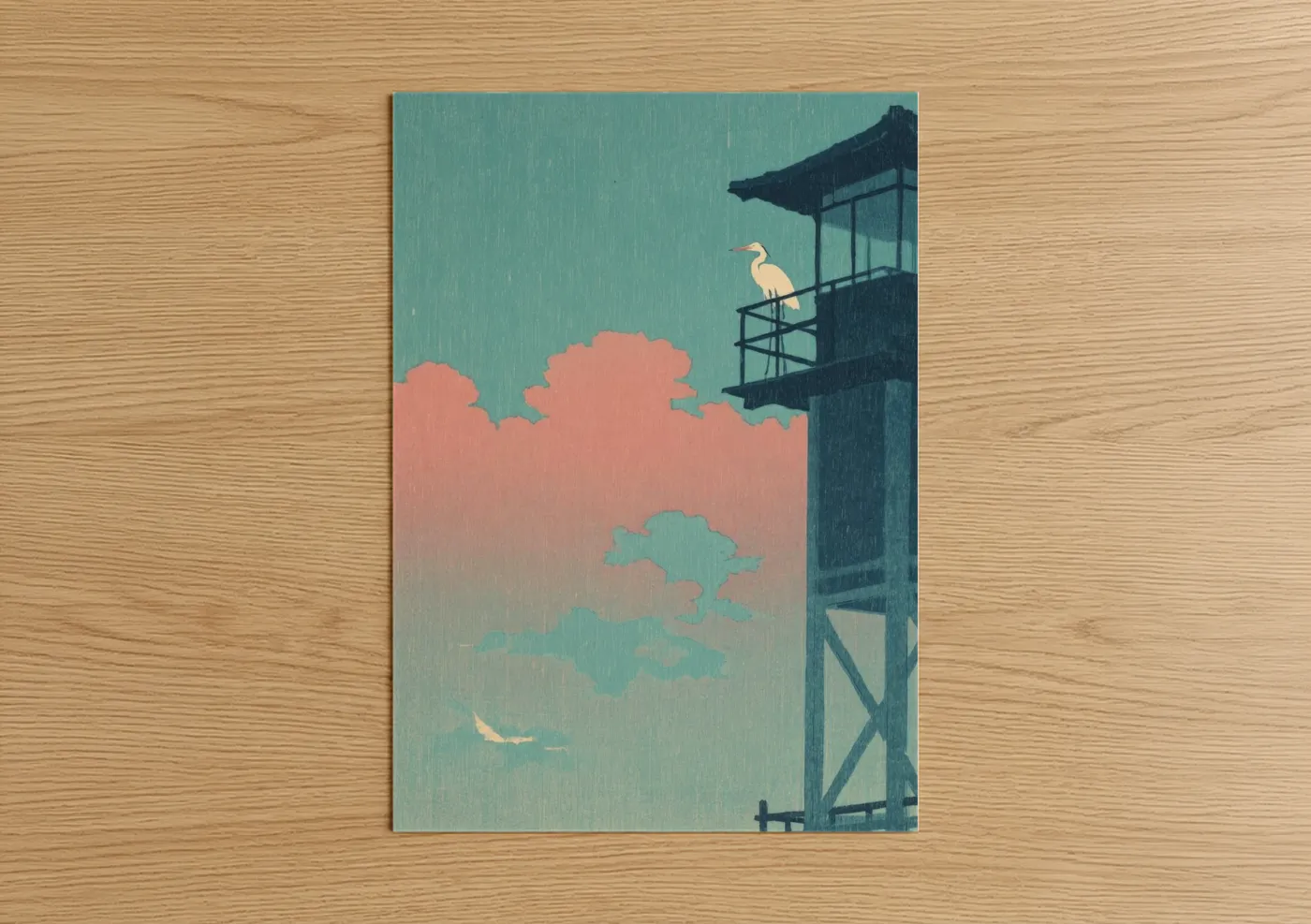 Rainy Lighthouse with Crane Bird Wall Art