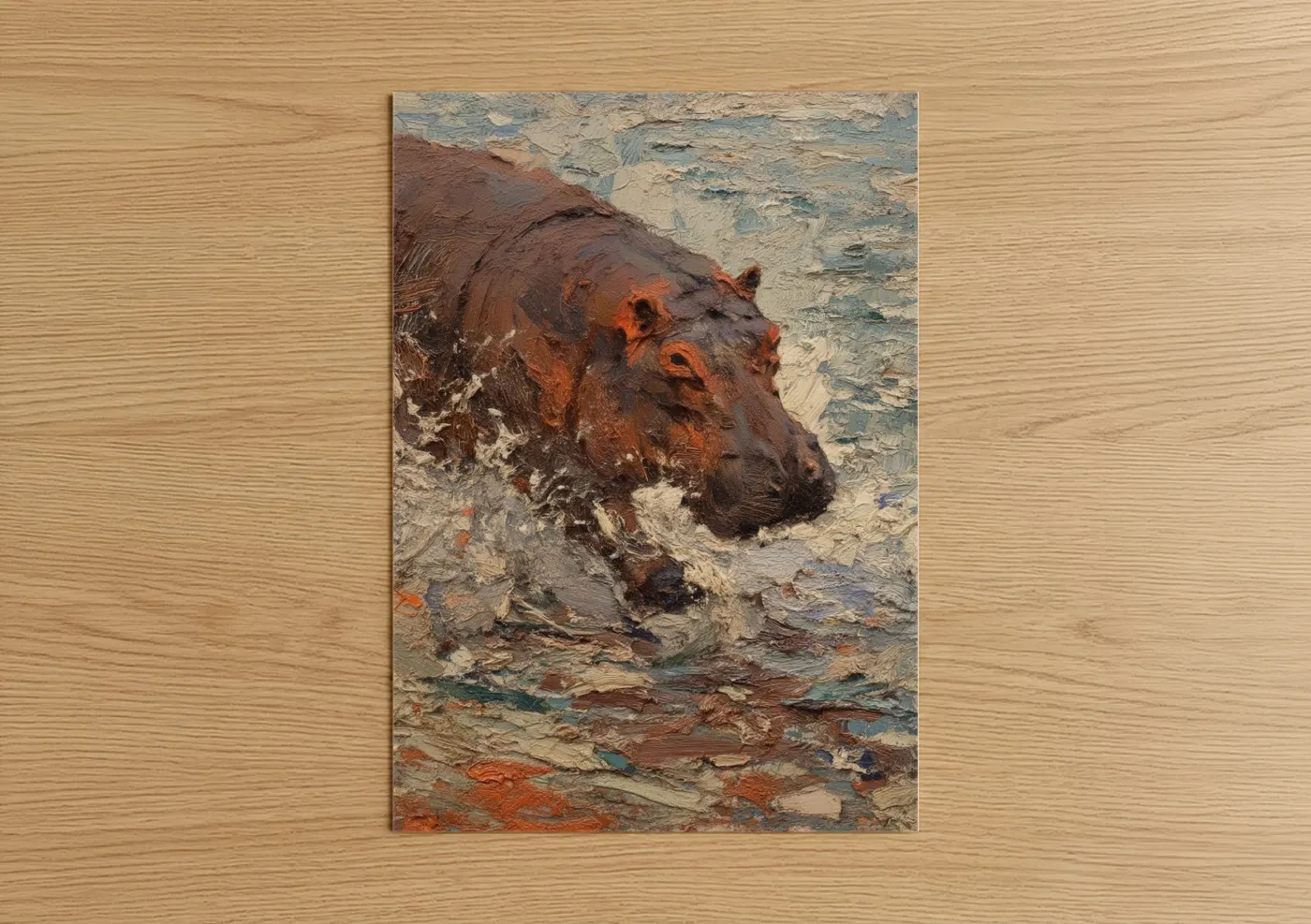 Art print on warm oak wood — russet and cream palette — Bathing Hippo poster