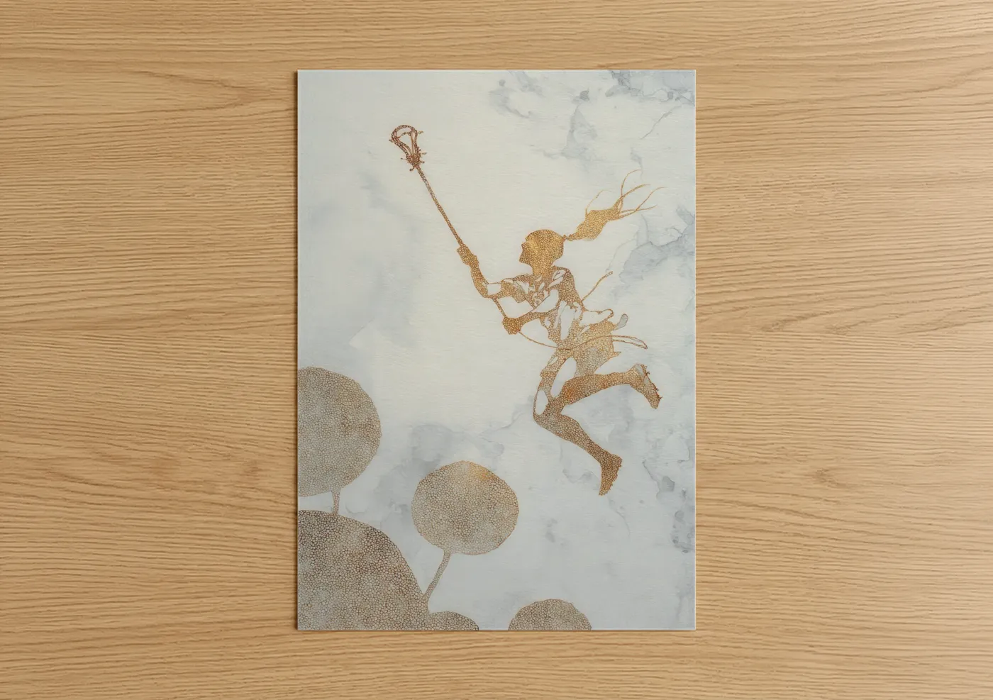 Art print on warm oak wood — gold and gray and white palette — Golden Lacrosse Warrior poster