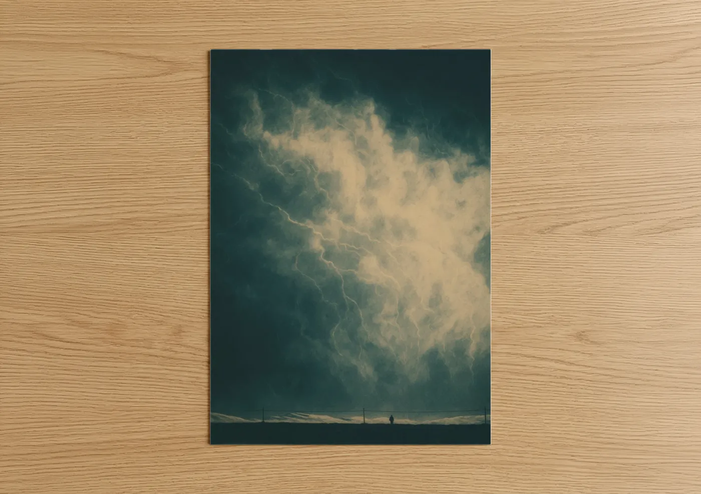 Art print on warm oak wood — dove gray and champagne gold palette — Approaching Storm poster