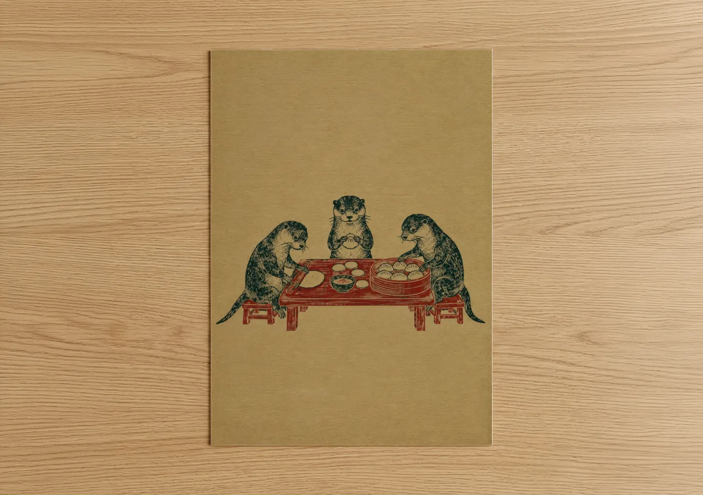 Food art print on warm oak wood — beige and red palette — Otters Dining Japanese Style Wall Art poster