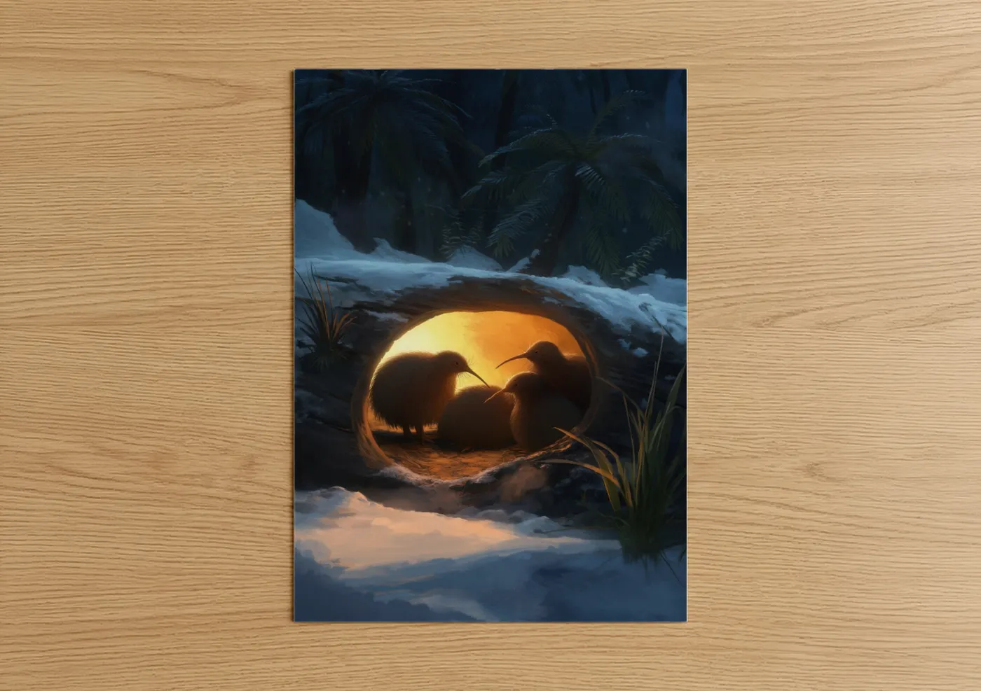 Kiwi Bird Glowing Nest Winter Scene Wall Art