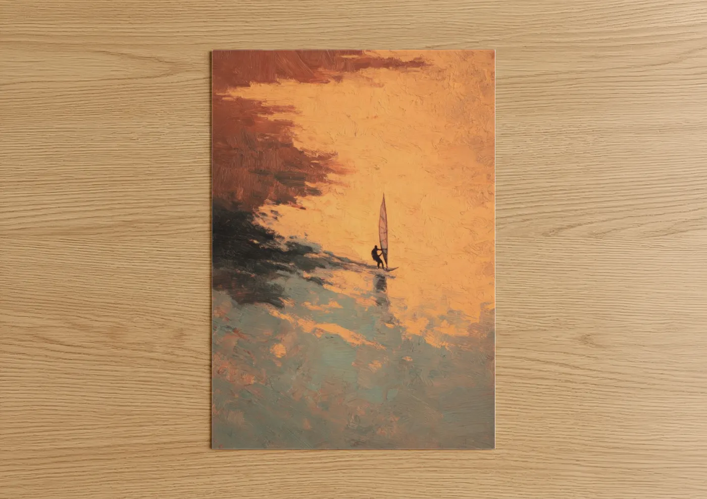 Windsurfing art print on warm oak wood — gold and orange palette — Golden Hour Windsurfer poster