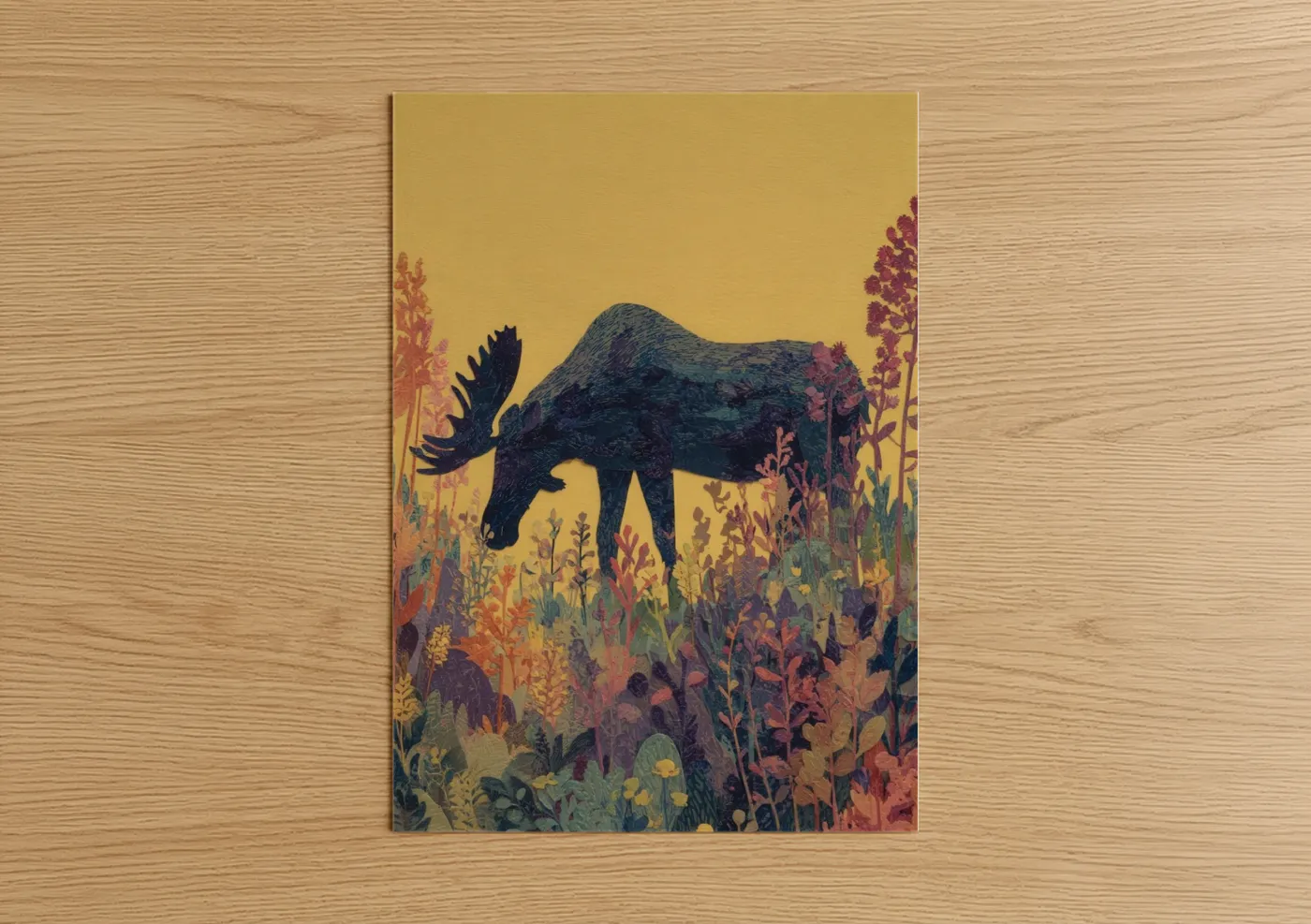Art print on warm oak wood — yellow gold and russet palette — Golden Meadow Moose poster
