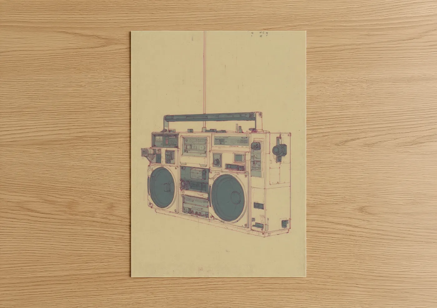 Art print on warm oak wood — cream and dove gray palette — Vintage Boombox poster