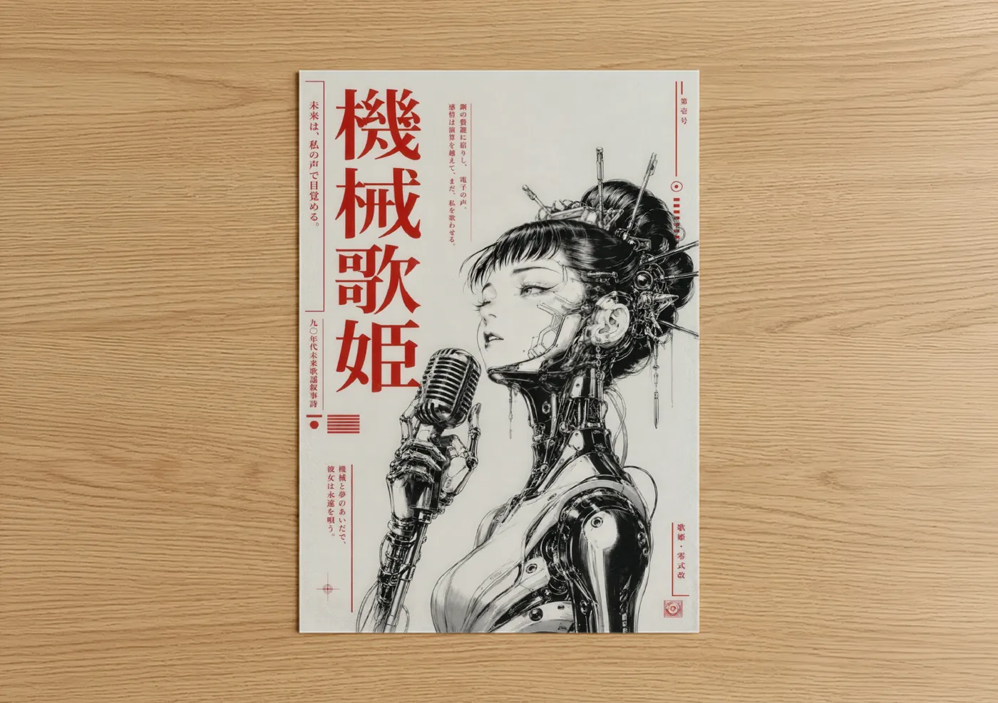 Musician art print on warm oak wood — black and white and red palette — Japanese Cyberpunk Singer Wall Art poster