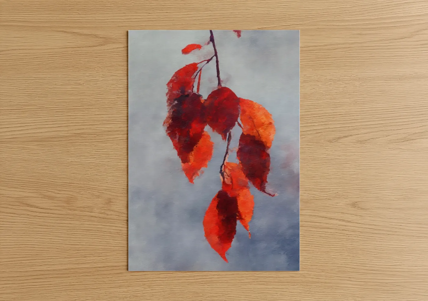 Birch tree art print on warm oak wood — red and orange palette — Crimson Birch Leaves poster