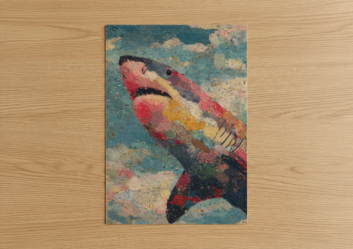 Art print on warm oak wood — teal and salmon pink palette — Colorful Basking Shark poster