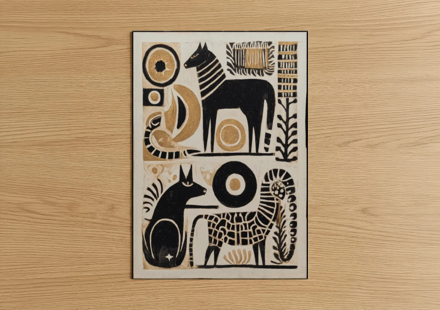 Abstract traditional art print on warm oak wood — black and gold palette — Sacred Horse poster