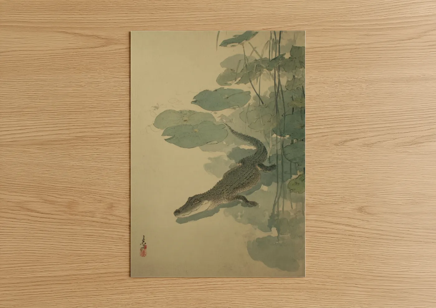 Art print on warm oak wood — sage green and cream palette — Lotus Alligator poster