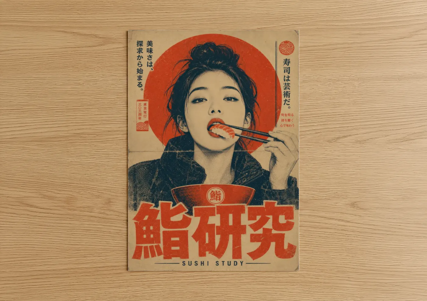Food art print on warm oak wood — red and cream palette — Vintage Japanese Sushi Ad Wall Art poster