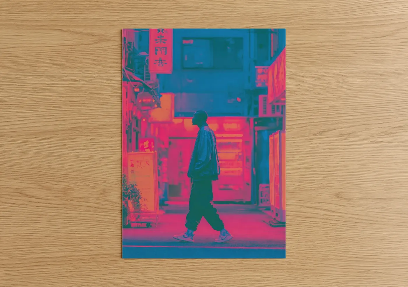 Fashion photography art print on warm oak wood — magenta and blue palette — Neon Street Walker poster