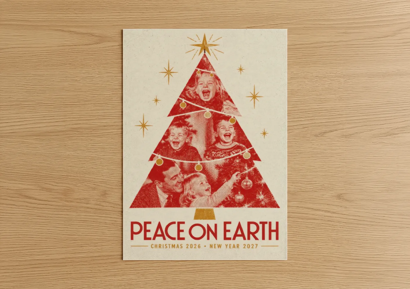 Art print on warm oak wood — red and gold palette — Vintage Christmas Peace On Earth Wall Art poster